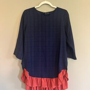 THML 3/4 Sleeve Blouse Blue Plaid Orange Ruffle Business Casual Women's S NWT